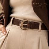 Bologna – Choc Truffle Leather Belt with Ornate Matte-Gold Buckle